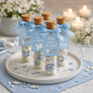 Mini-Glasflasche mit Korken als Gastgeschenk, dekoriert mit Kärtchen