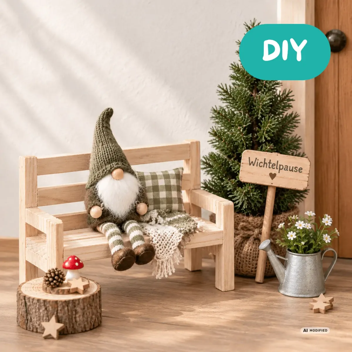 Wichtel sitzt auf einer kleinen Holzbank neben einer Miniatur-Tanne und Wichtelpause-Schild in einer gemütlichen Wichtelwelt. DIY Wichtel Sitzecke