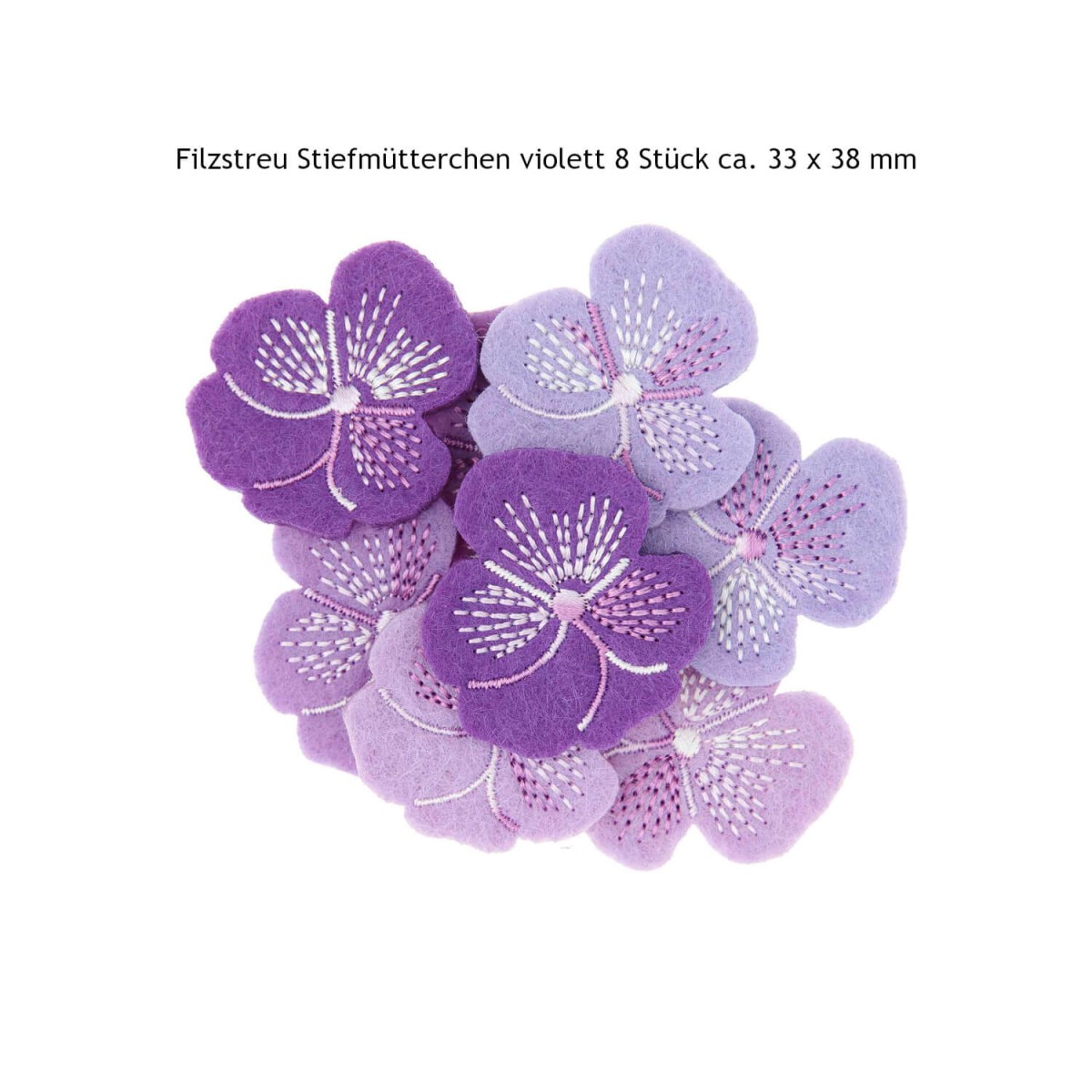 Filzstreu Stiefmütterchen violett 8 Stück ca. 33 x 38 mm