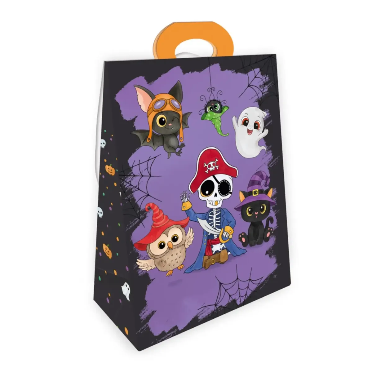 Rückseite Geschenktasche Gruselfreunde Katze mit Gespenstern, Totenkopfpirat, Spinnennetzen und Kürbissen