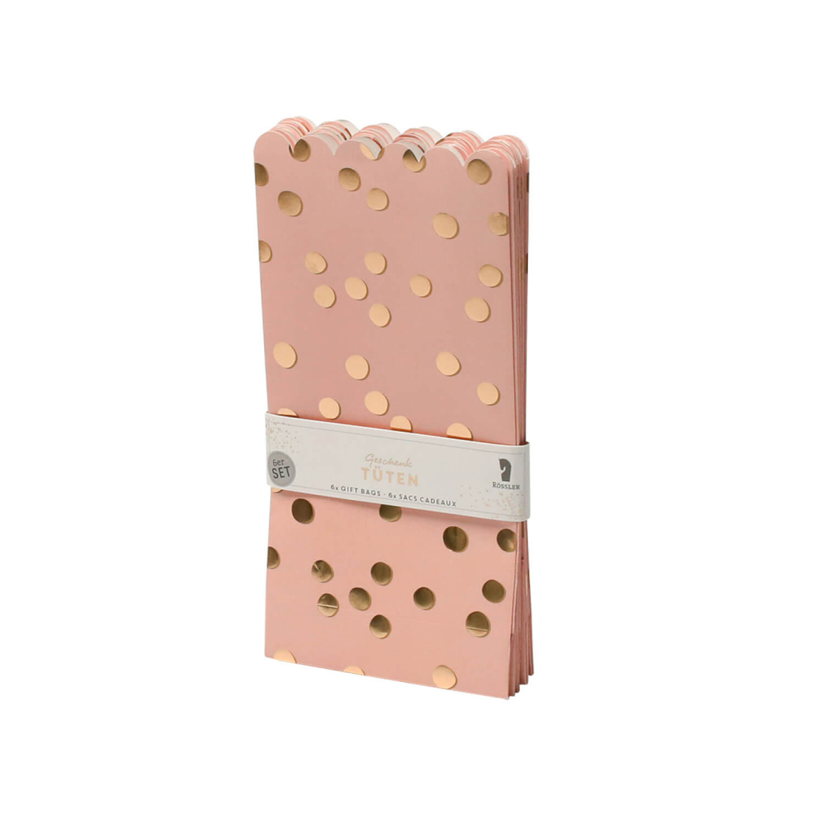 Geschenktüten Punkte rosa gold 6 Stück 12,5 x 25,6 x 2 cm