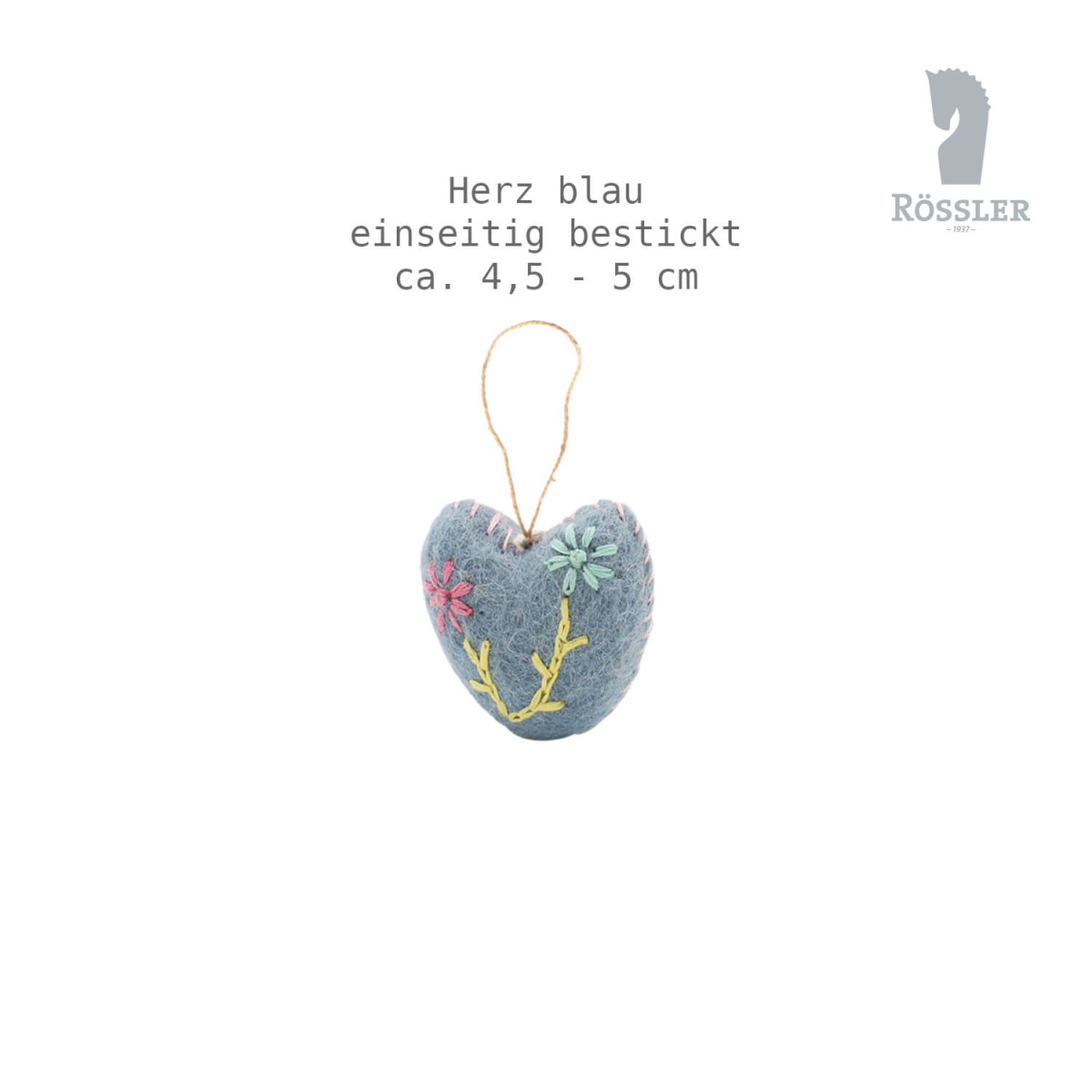 Filzanhänger Herz Woolies blau bestickt ca. 4,5 - 5 cm