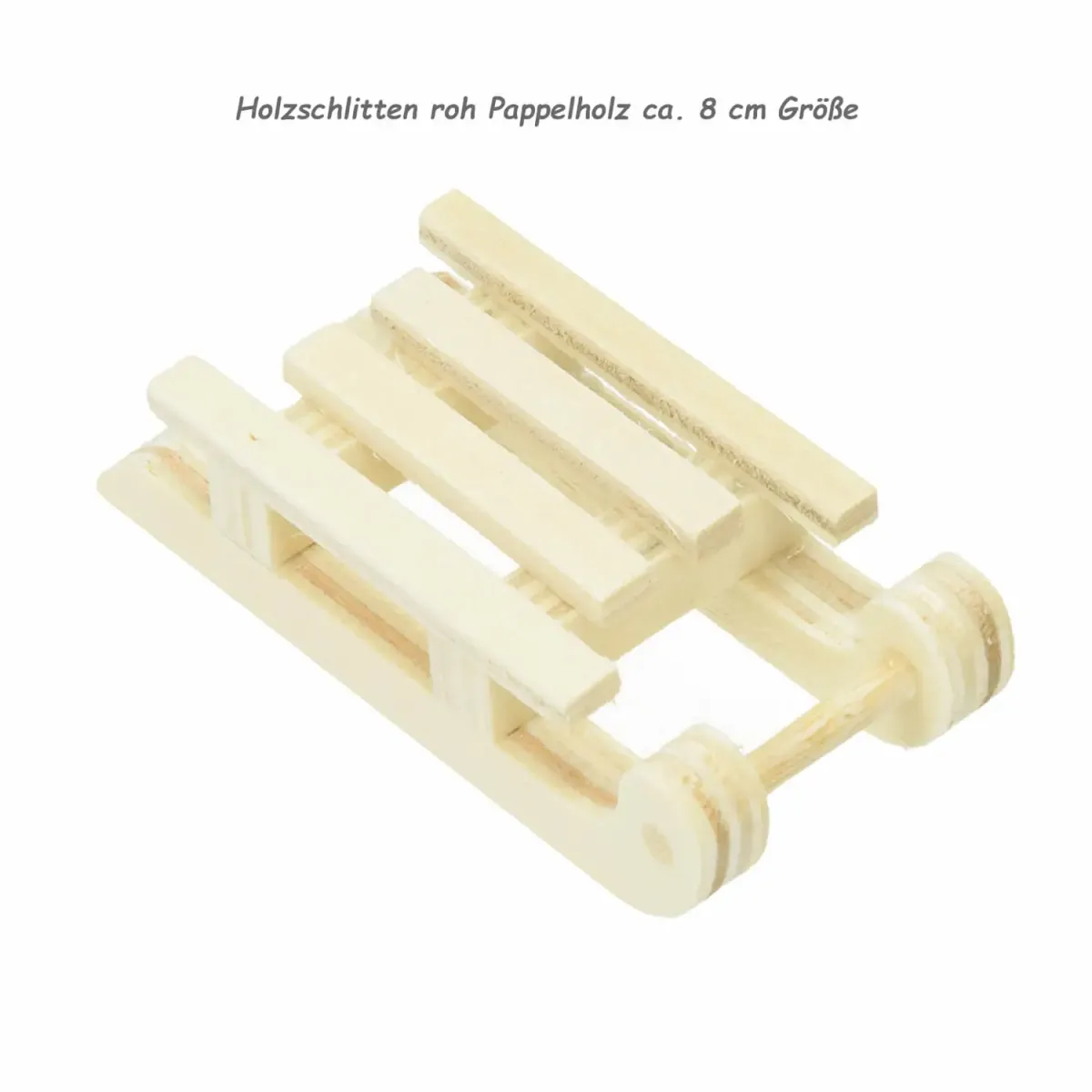 Miniatur Holzschlitten aus rohem Pappelholz ca. 8 cm lang. Ideal für winterliche Miniaturdekorationen und weihnachtliche Bastelideen