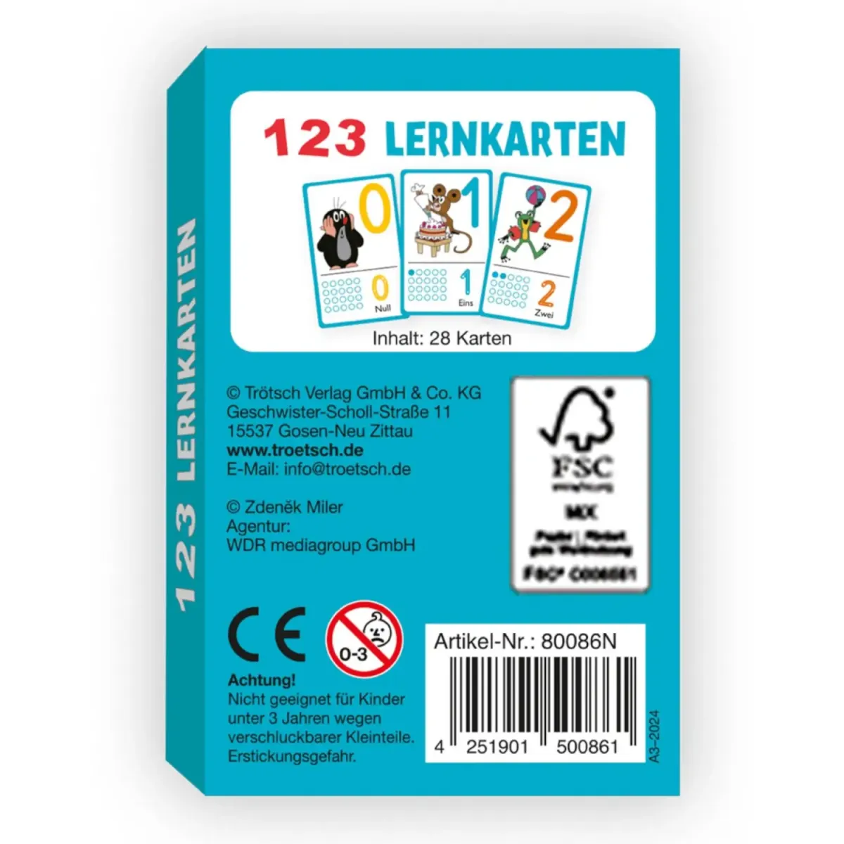 Lernkarten 123 mit Zahlen und kindgerechten Motiven aus der Welt des kleinen Maulwurfs