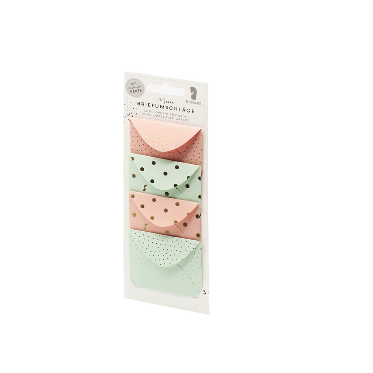 Mini Briefumschläge mit Karten 8-teilig hellgrün & rosa mit goldfarbenen Punkten