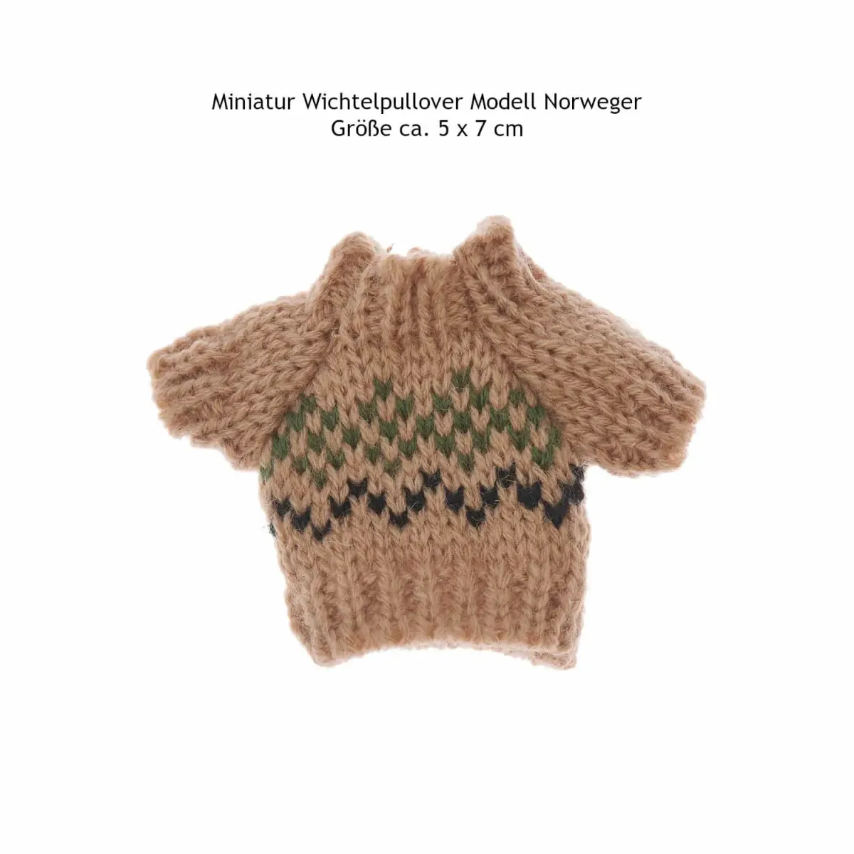 Mini-Strickpullover für Wichtel im Norweger-Stil mit Größenangabe ca. 7 x 5 cm