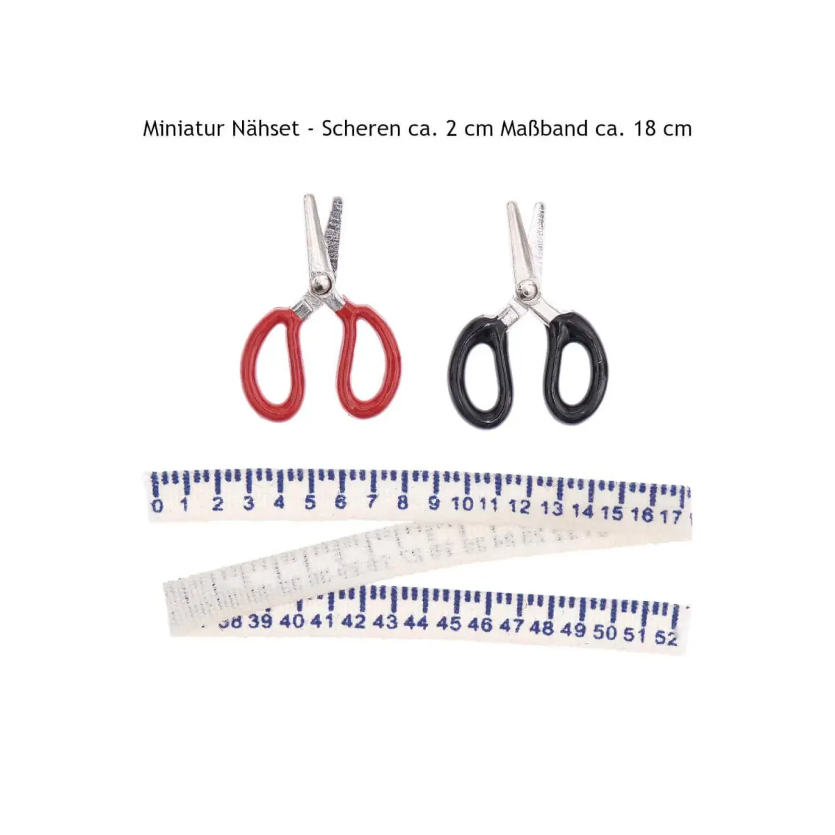 Miniatur Nähset mit zwei Scheren von jeweils ca. 2 cm Größe und einem Maßband von ca. 18 cm Länge, 3-teiliges Wichtelzubehör.