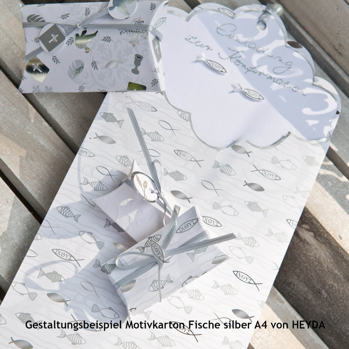 Anwendungsbeispiel Motivkarton Fische silber von HEYDA