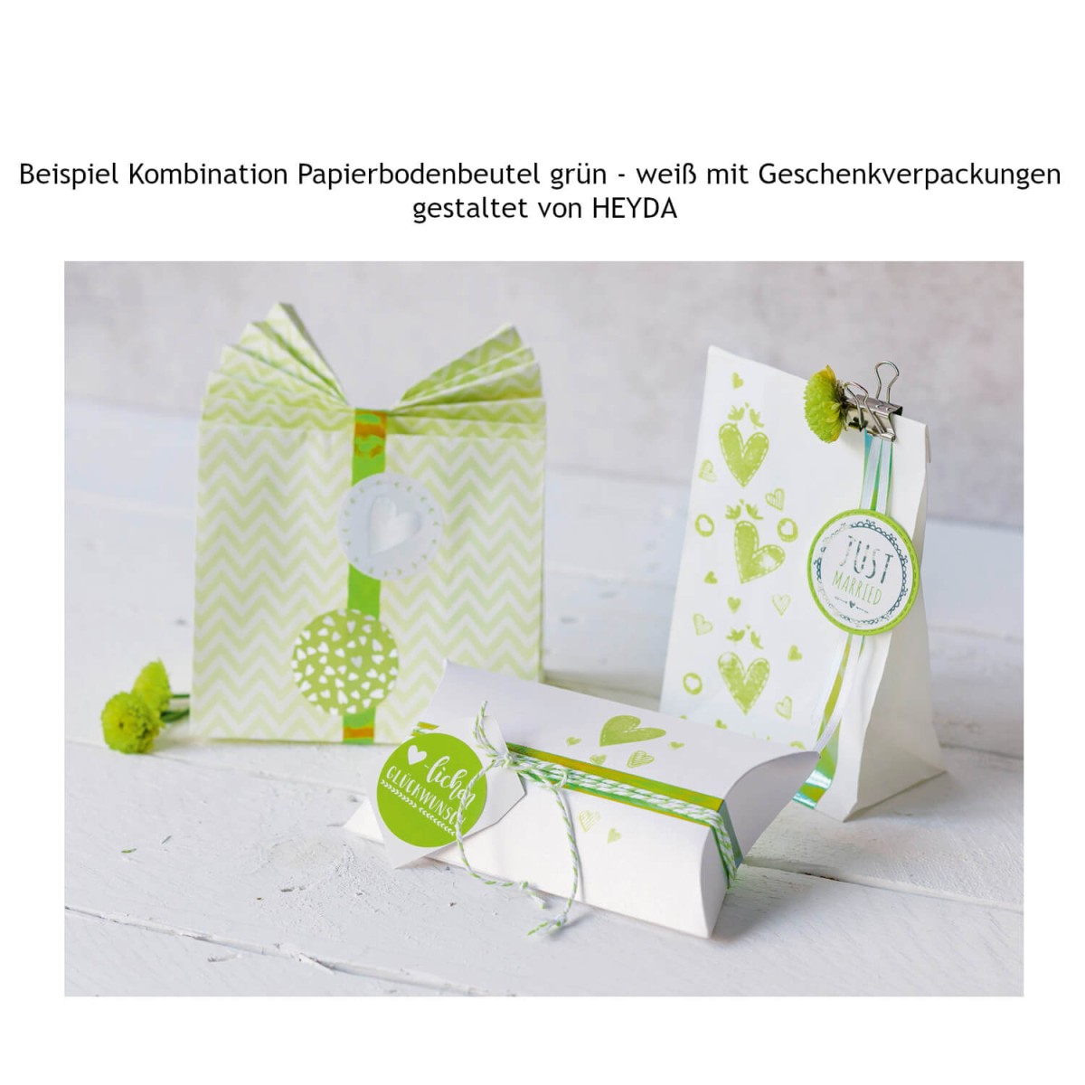 Kombi-Möglichkeiten Bodenbeutel grün-weiß und andere Geschenkverpackungen