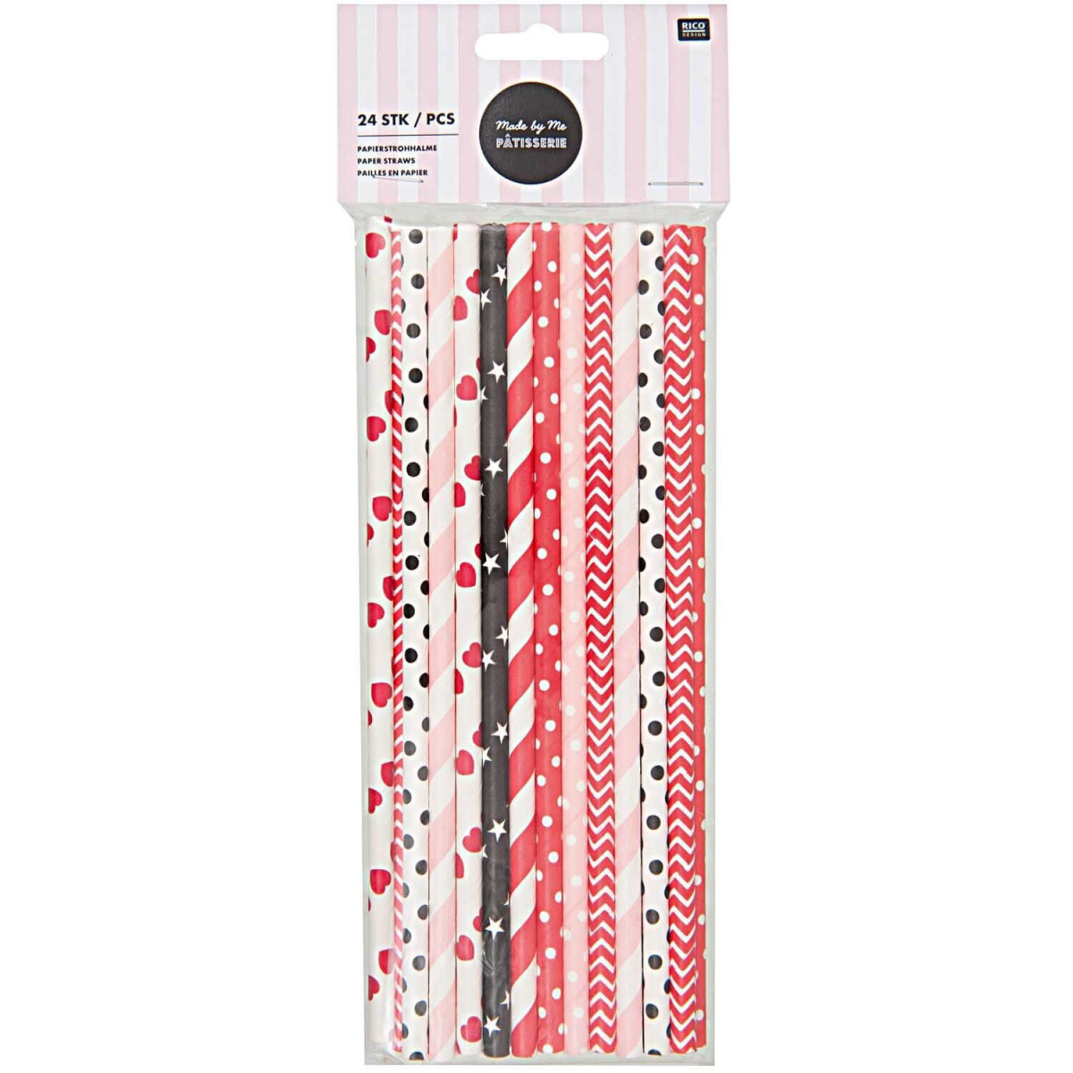 Papiertrinkhalme rot-schwarz-rosa 24 Stk. gemustert