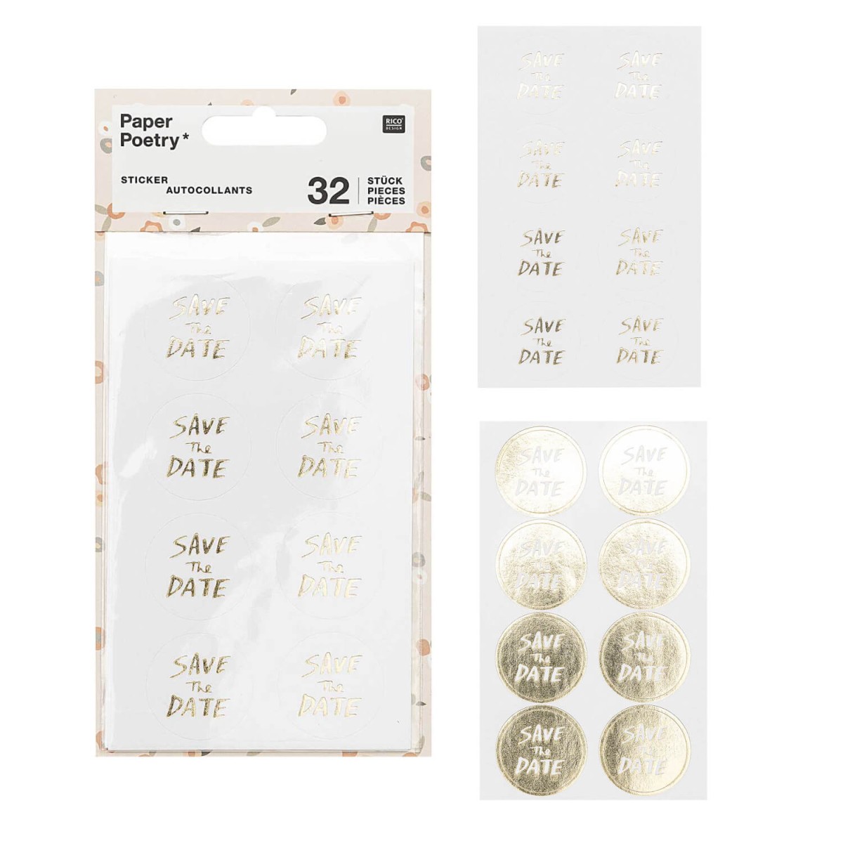 Runde Sticker Save the Date in weiß und gold