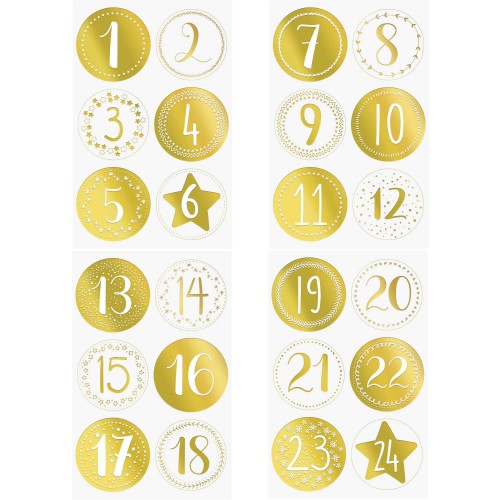 Zahlensticker für Adventskalender Set gold natur weiß
