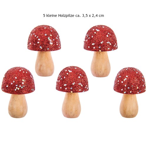 Kleine Holzpilze Glitter-Irisierend rot 5 Stück ca. 35 x 24 mm