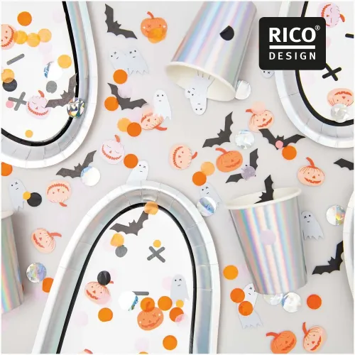 Halloween-Tischdekoration mit Gespenster-Konfetti und weiterem Halloween-Konfetti