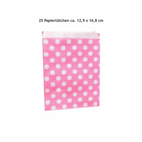 Pinke Papiertütchen mit weißen Punkten, Größe ca. 12,9 x 16,8 cm