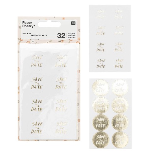 Runde Sticker Save the Date in weiß und gold