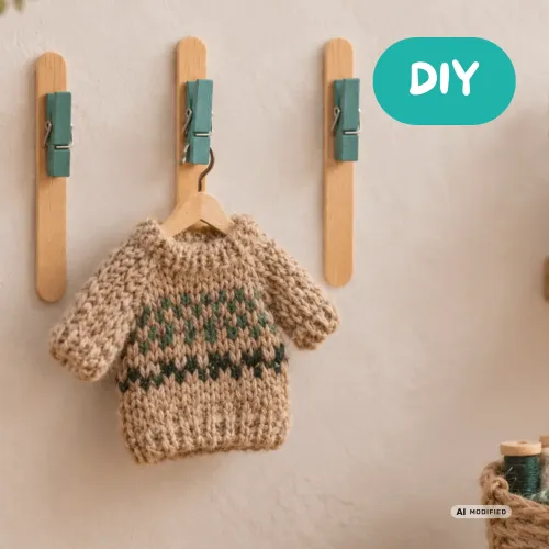 Miniatur-Pullover im Norwegerstil an einem Holzbügel mit türkisfarbener Mini-Klammer an einer selbst gebastelten Wichtelgarderobe aus Eisstielen